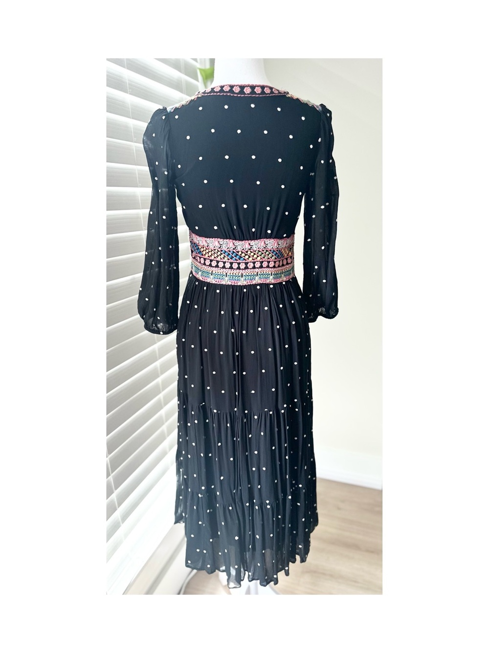 Anthropologie Black Polka Dot Midi Dress with Pink Embroidered Waist - Picture 5 of 6
